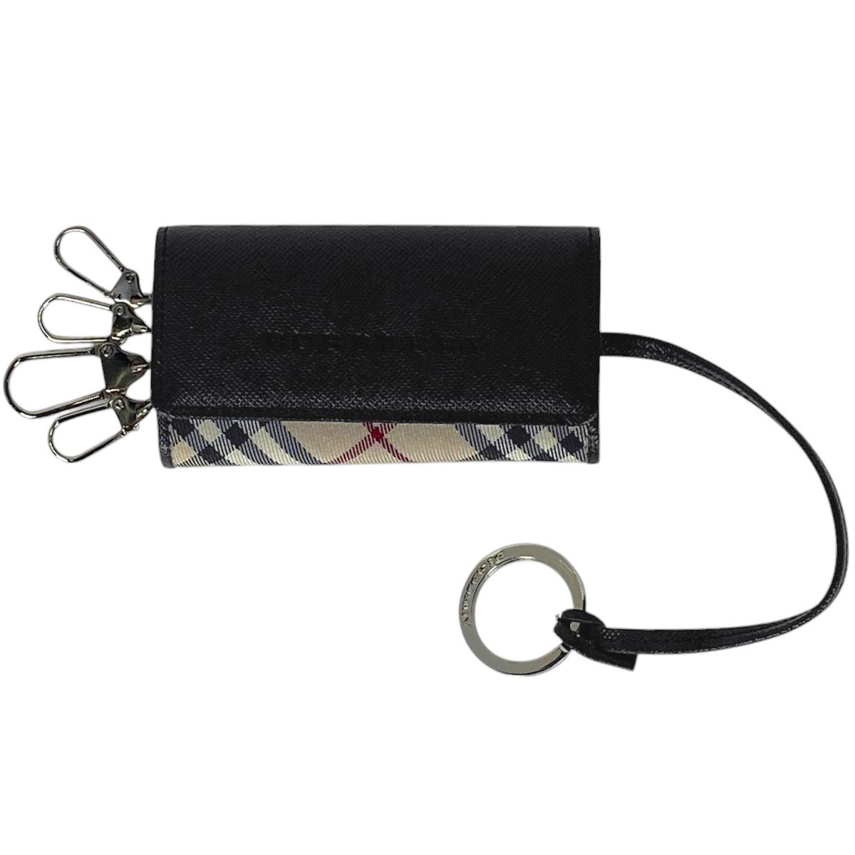 在庫一掃 バーバリー BURBERRY ロゴ 4連 キーケース キーフック キーホルダー キーリング チェック柄 キーケース キャンバス レザー ベージュ ブラック レディース