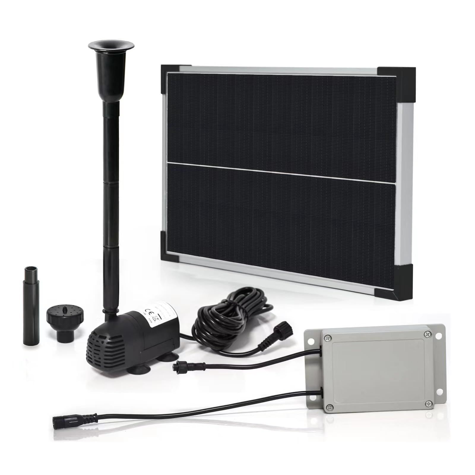 曇天に強い!! GWSOLAR ハイブリット スマート ソーラーポンプ 快晴日の日没以後 約3時間噴水続きます!! 15W太陽光パネル 22.2WH蓄電池内蔵 スマート制御 最大流量850L H 最大揚程2m 接続コード5m付き ベル噴水の最大直径35cm ベ