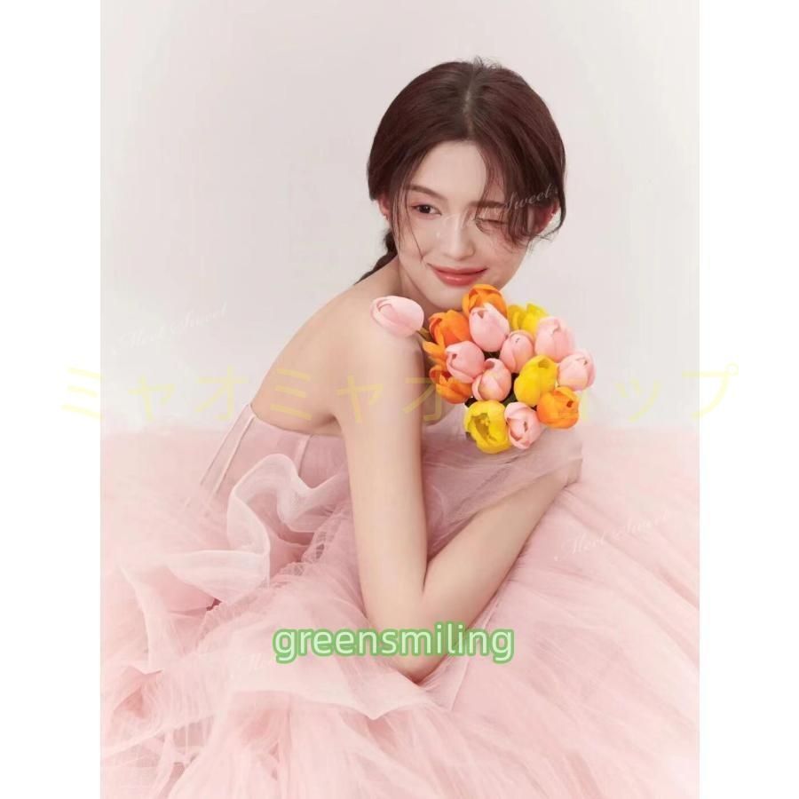 ドレス プリンセス ピンク ライトブルー ベアトップ ウェディングドレス チュール フリル ウエディングドレス ブライダル 演奏会 結WP 1010