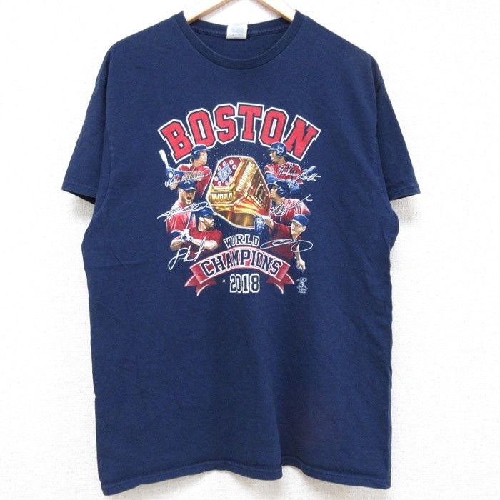 L/古着 半袖 Tシャツ メンズ MLB ボストンレッドソックス コットン クルーネック 紺 ネイビー メジャーリーグ ベースボール 野球 24jun11 