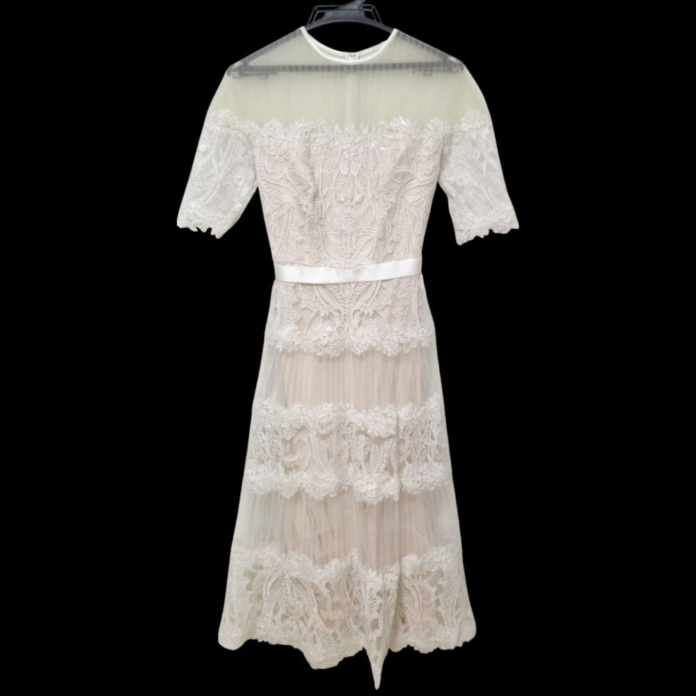 TADASHI SHOJI タダシショージ エンブロイダリーチュール ハーフスリーブ ロングドレス ワンピース サイズ0 ピンクベージュ レディース 古着