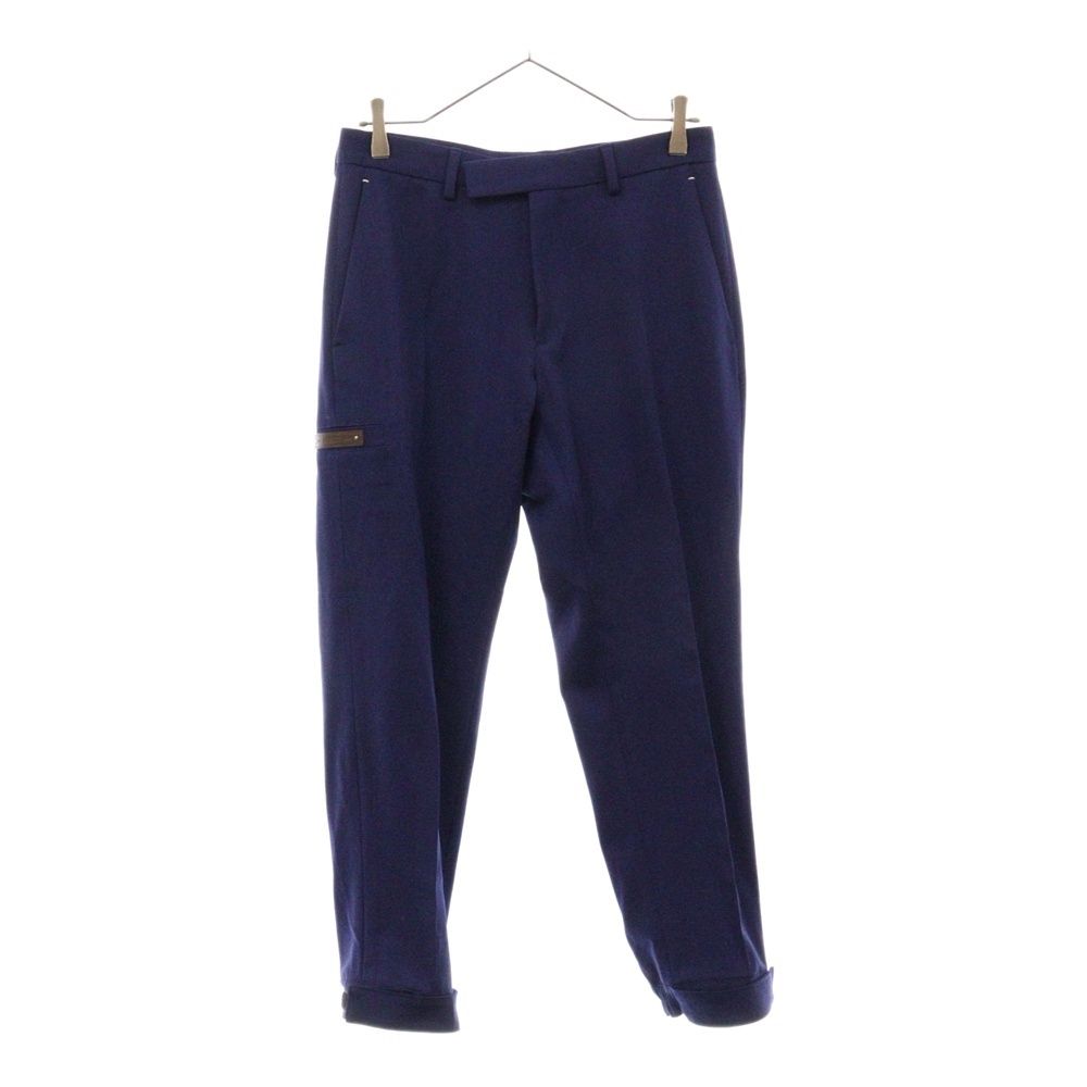 Berluti (ベルルッティ) レザーロゴパッチ 裾ベルクロ ウール ノータック クロップド スラックスパンツ トラウザーズ ブルー R21TCU71WAYJ
