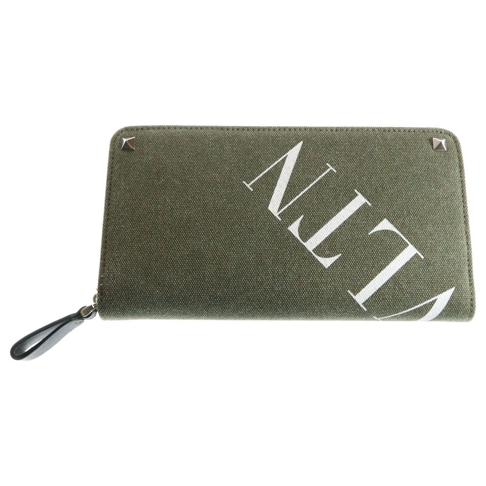 VALENTINO ヴァレンティノ VLTN スタッズ付ラウンドファスナーキャンバスロングウォレット 長財布 カーキ