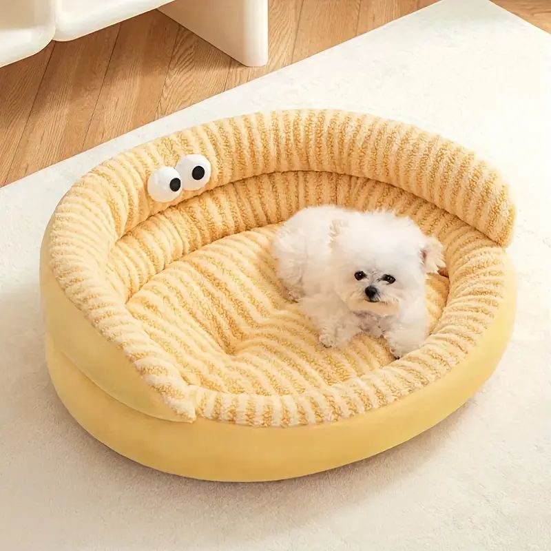L ペットベッド 猫用ベッド 犬用ベッド ソファ 円形 ストライプ 目玉付き おもしろ ふわふわ あごのせ かわいい おしゃれ イエロー ピンク 高品質 室内 保温 暖かい 秋 冬 ペット用品 犬用 猫用 小型犬 中型犬 小型猫 中型猫 大型猫