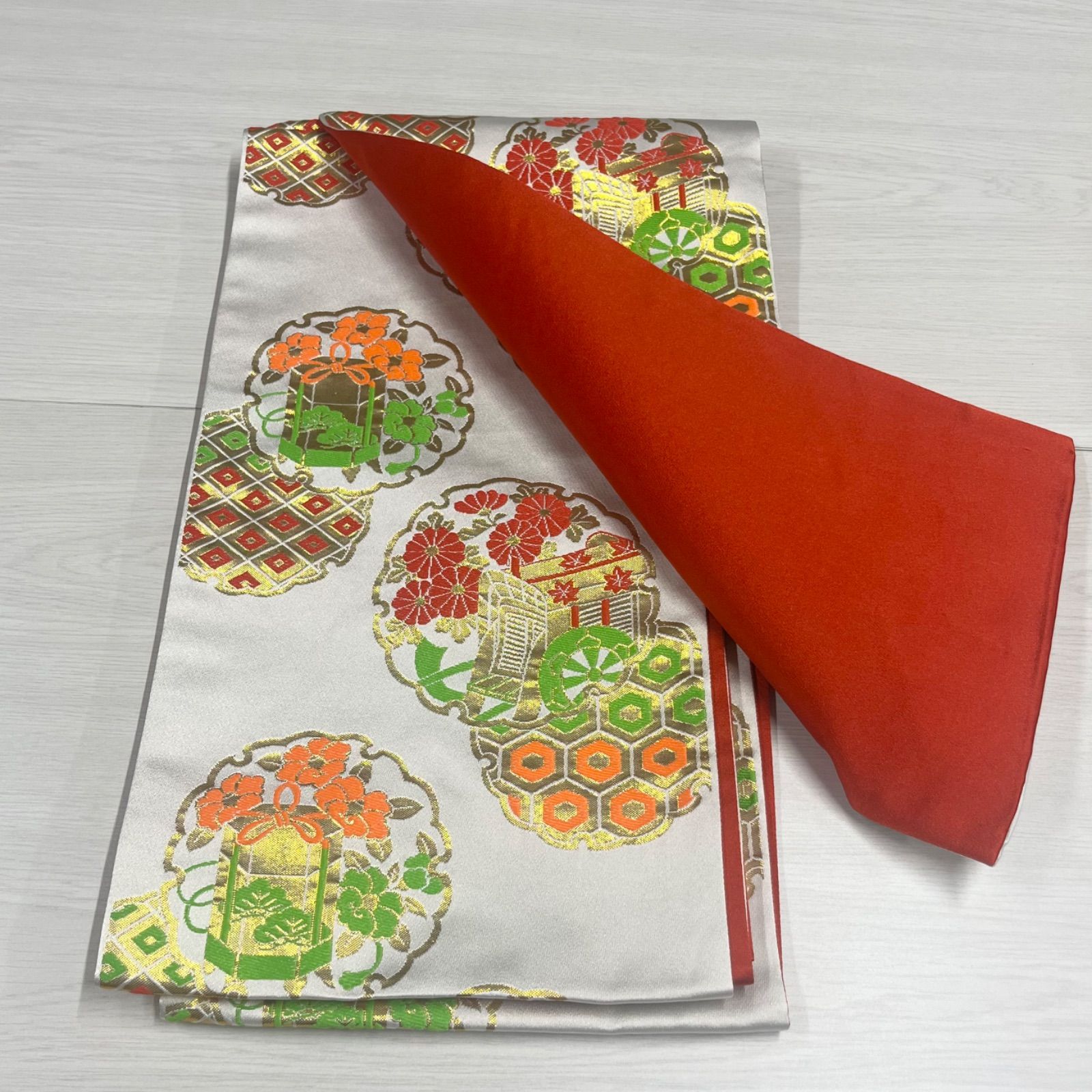 子ども 袋帯 帯 七五三 七歳 子供用 白 赤 亀甲 菱模様 菊 和柄