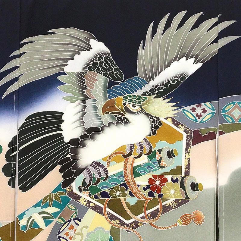 新品正絹祝着京友禅高級手描き染、豪華ボカシ、本金入、特選大鷹兜大熨斗宝尽し古典文 新品正絹祝着京友禅高級手描き染、豪華ボカシ、本金入、特選大鷹