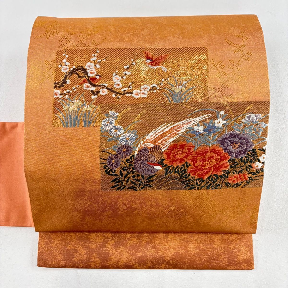 名古屋帯 美品 秀品 トンネル仕立て 八寸名古屋帯 紬地 草花 クリーム