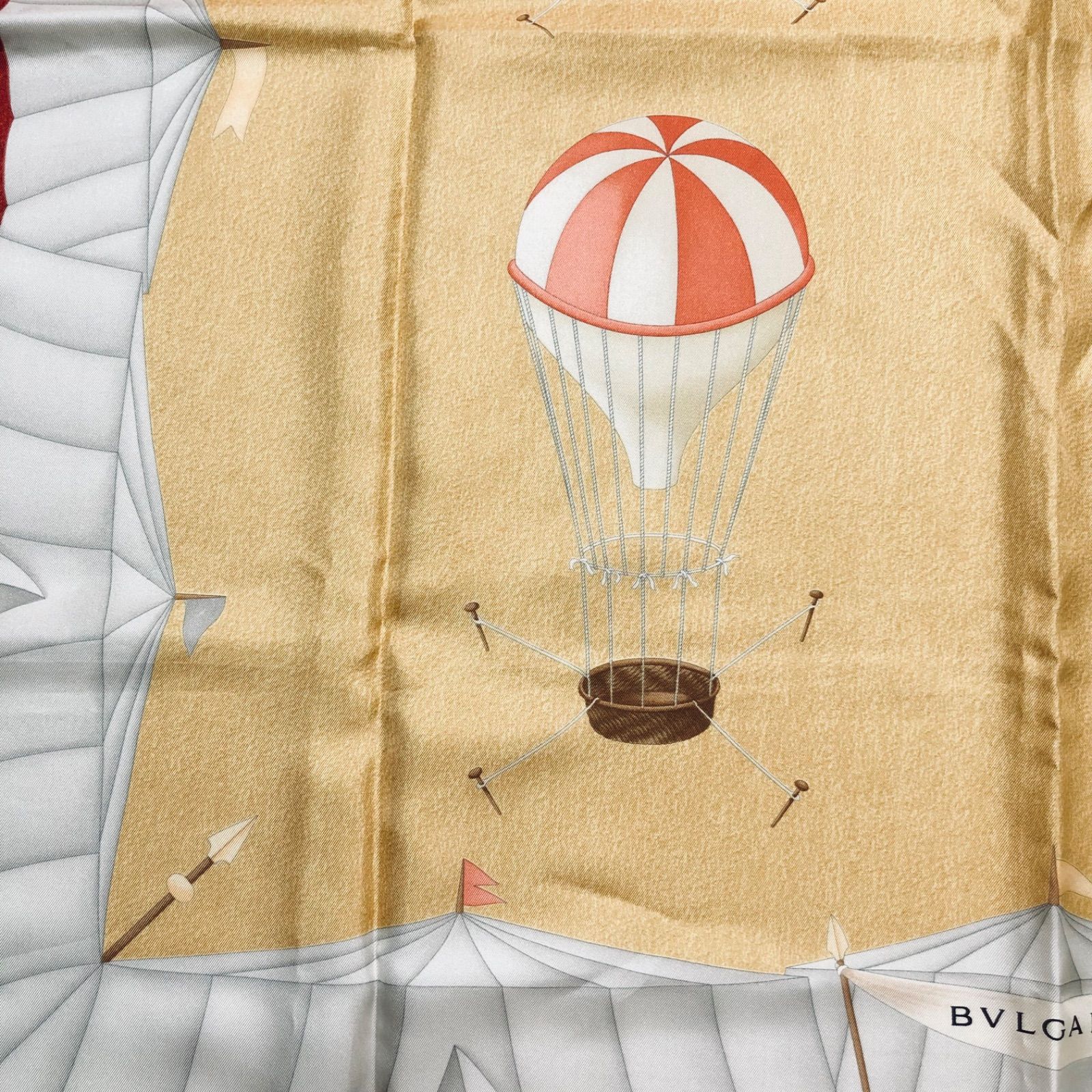 □美品□BVLGARI ブルガリ 大判スカーフ 気球 総柄 86×86cm 黄土色
