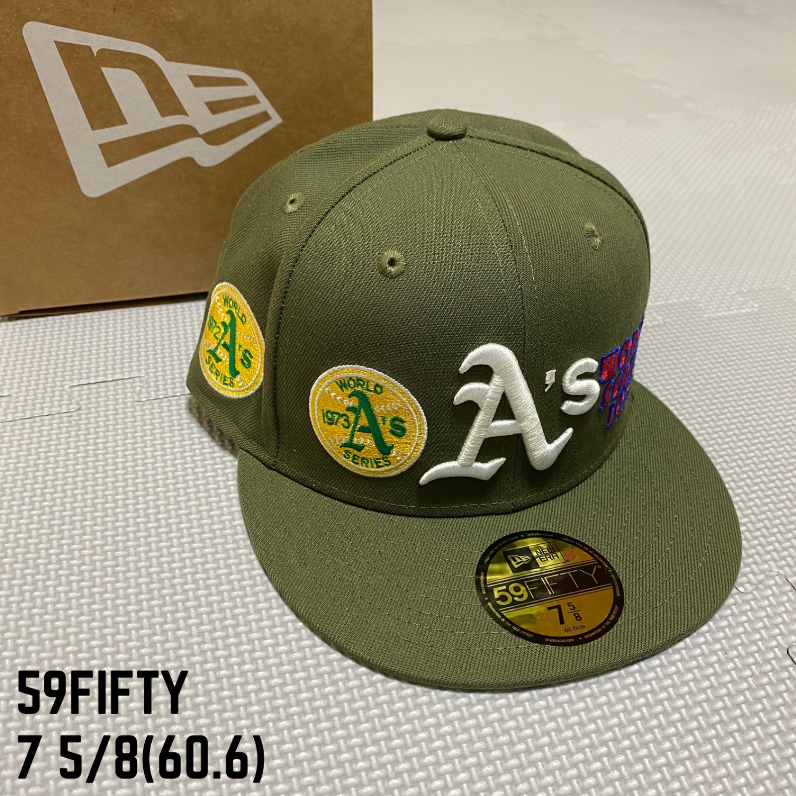 《NEWERA》ニューエラ　オークランド　アスレチックス　59FIFTY　キャップ　マルチパッチ　カーキ　つば裏　グレー　7 5/8