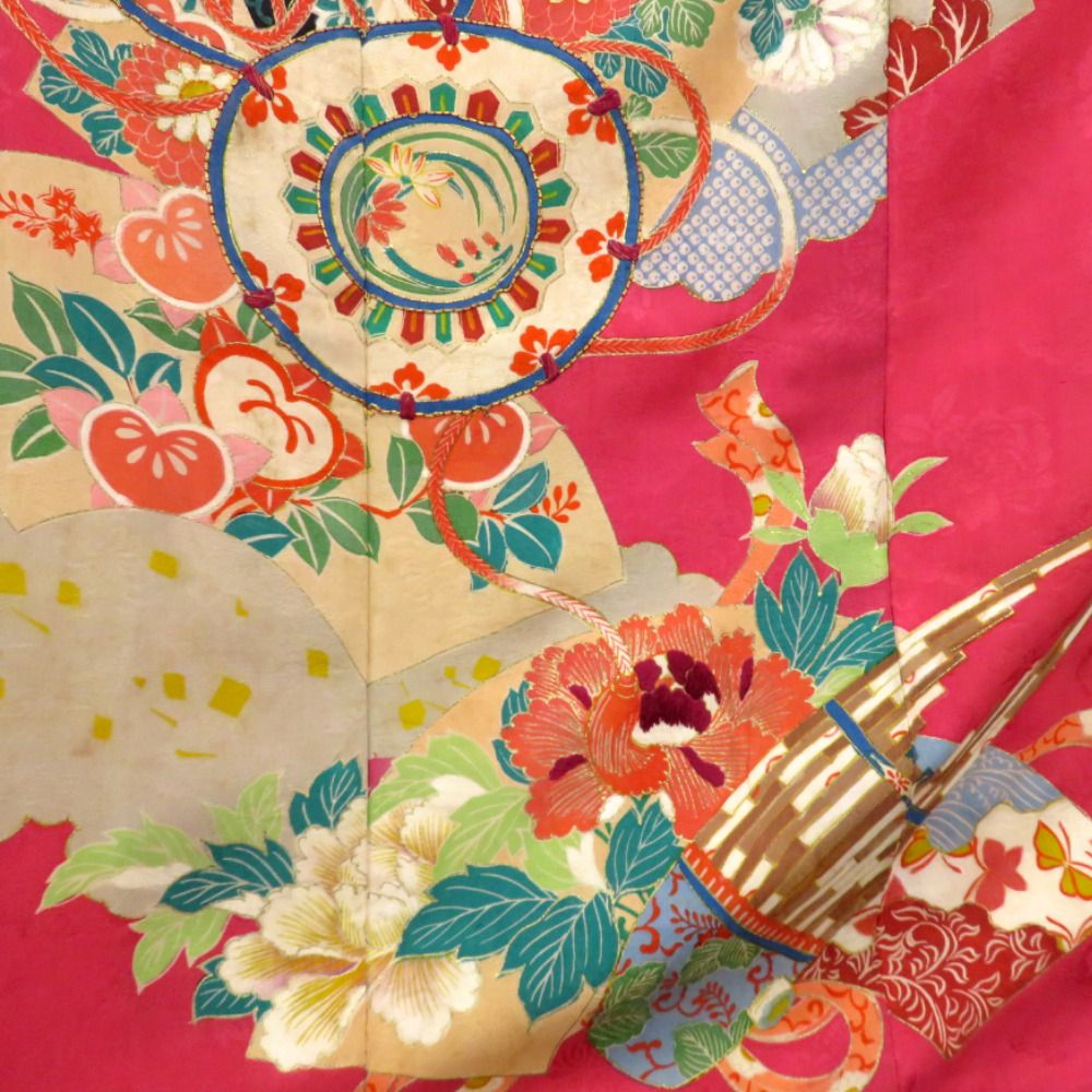 訪問着 昔 アンティーク 昔着物 ピンク 多色 扇面 花 雅楽器 一部刺繍  