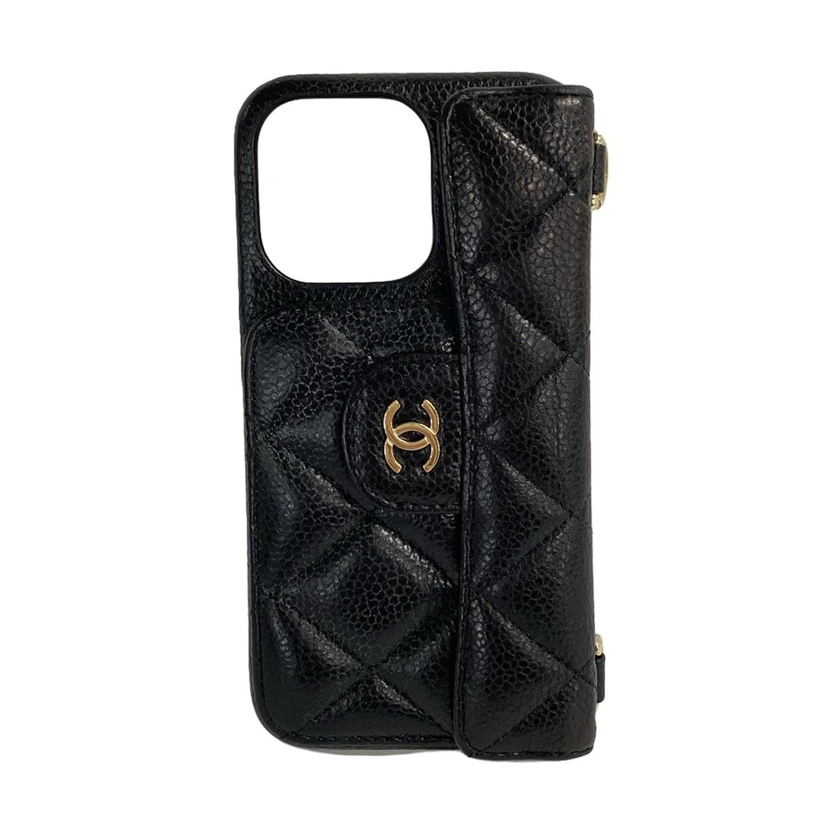 CHANEL シャネル 携帯電話ケース マトラッセ 黒 スマートフォンケース|対応機種不明|フラップポケット|ゴールド金具 ラムスキン