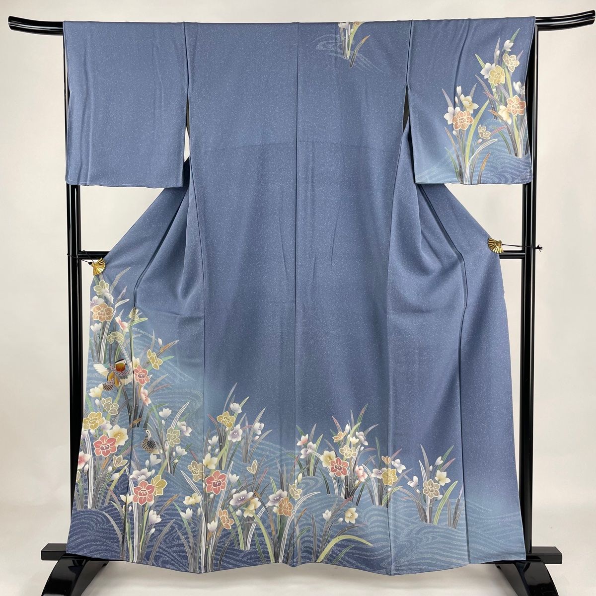 付下げ 身丈164.5cm 裄丈65cm M むく 袷 草花 刺繍 ぼかし 青灰色 