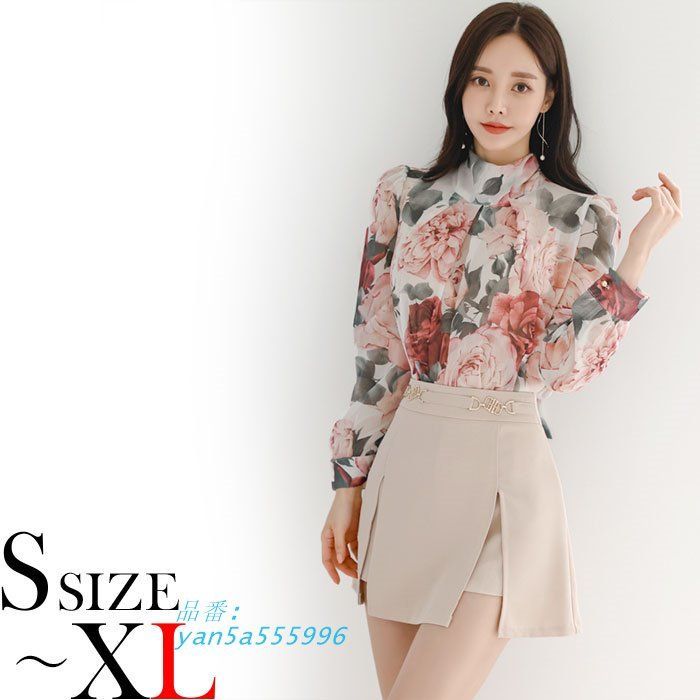 ネックスカーフ風リボン花柄長袖ブラウス ミニスカートセットアップ ベージュ 韓国 ファッション デート カジュアル 服 yan5a555996
