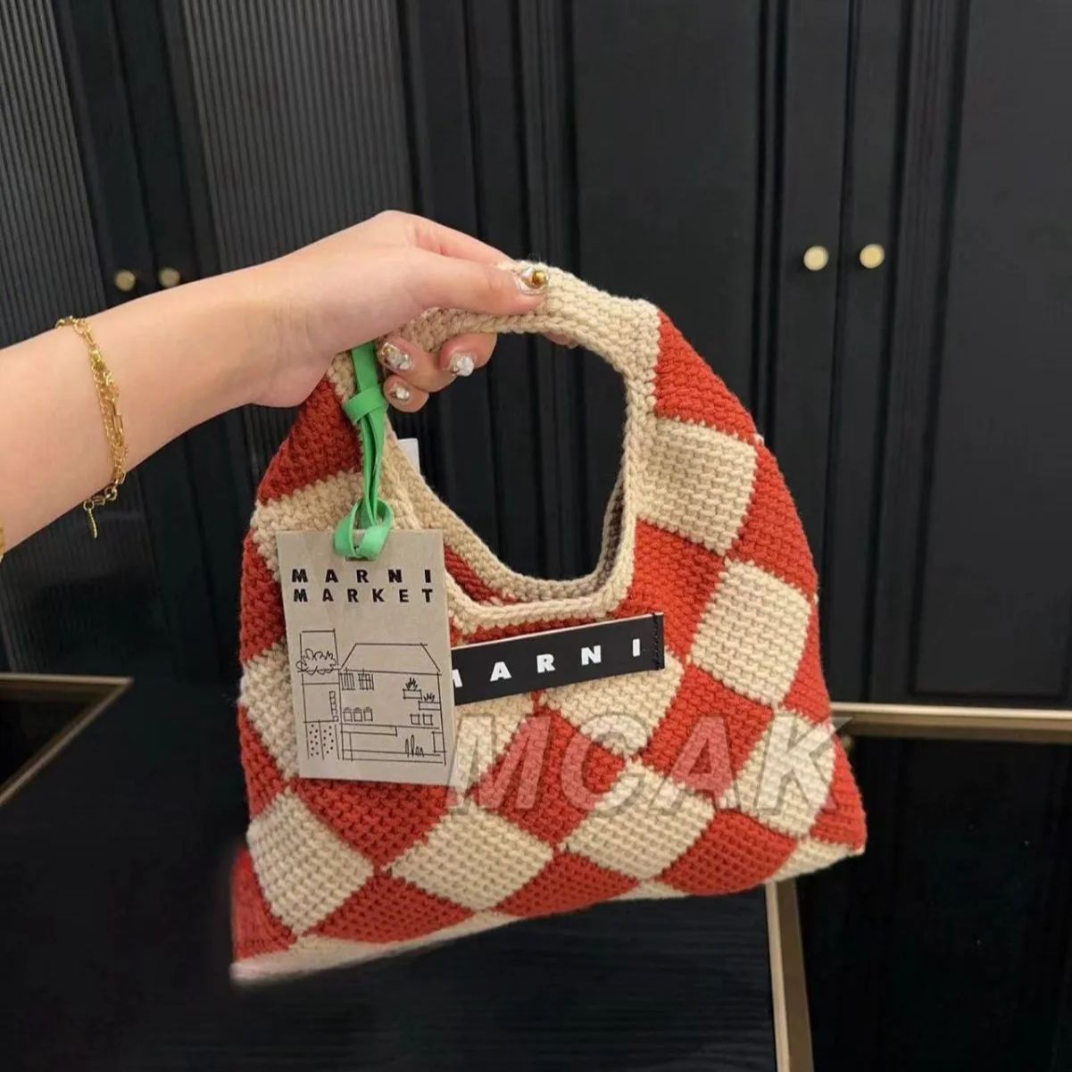 美品  MARNI MARKET DIAMOND マルニマーケット ファッション レディース バッグ ハンドバッグ スモールニットバッグ オレンジ×ベージュ