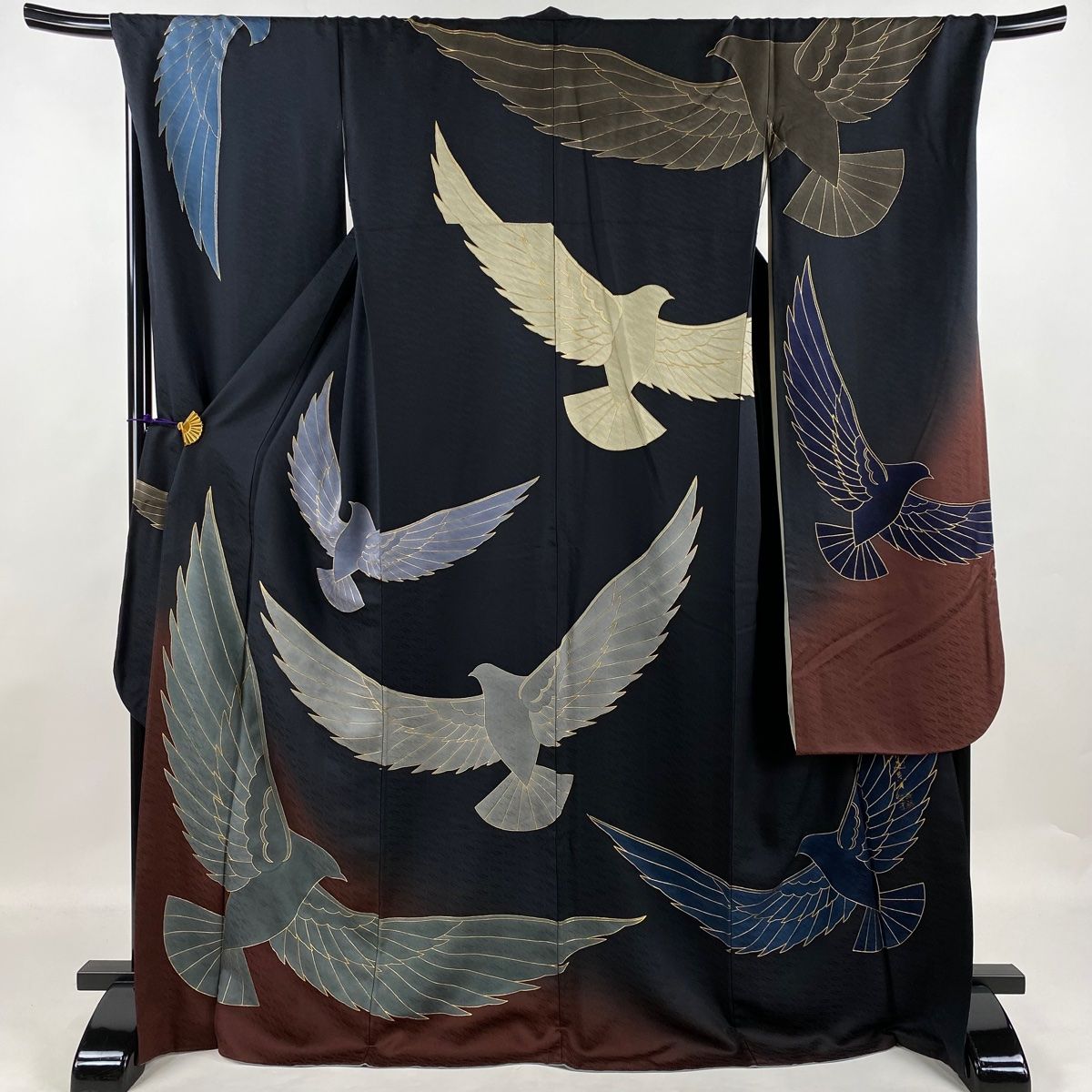 振袖 身丈170cm 裄丈71cm L 袷 斉藤三才 落款 鳥 地紋 金彩 ぼかし 黒  