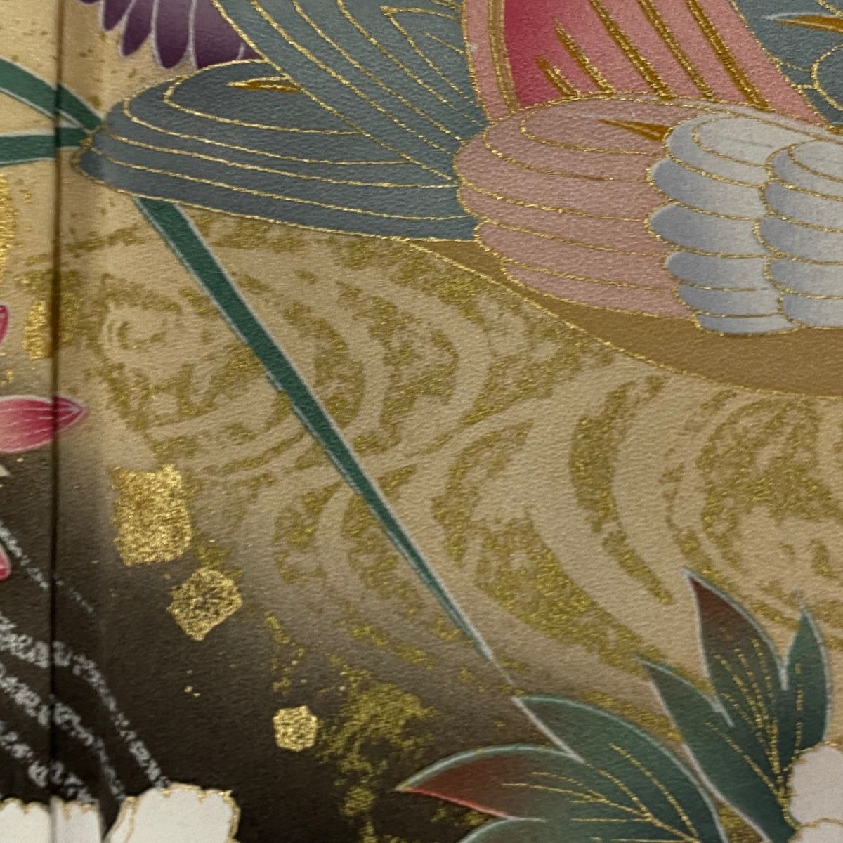 振袖 身丈168.5cm 裄丈70cm L 袷 草花 鴛鴦 金彩 刺繍 薄緑 正絹