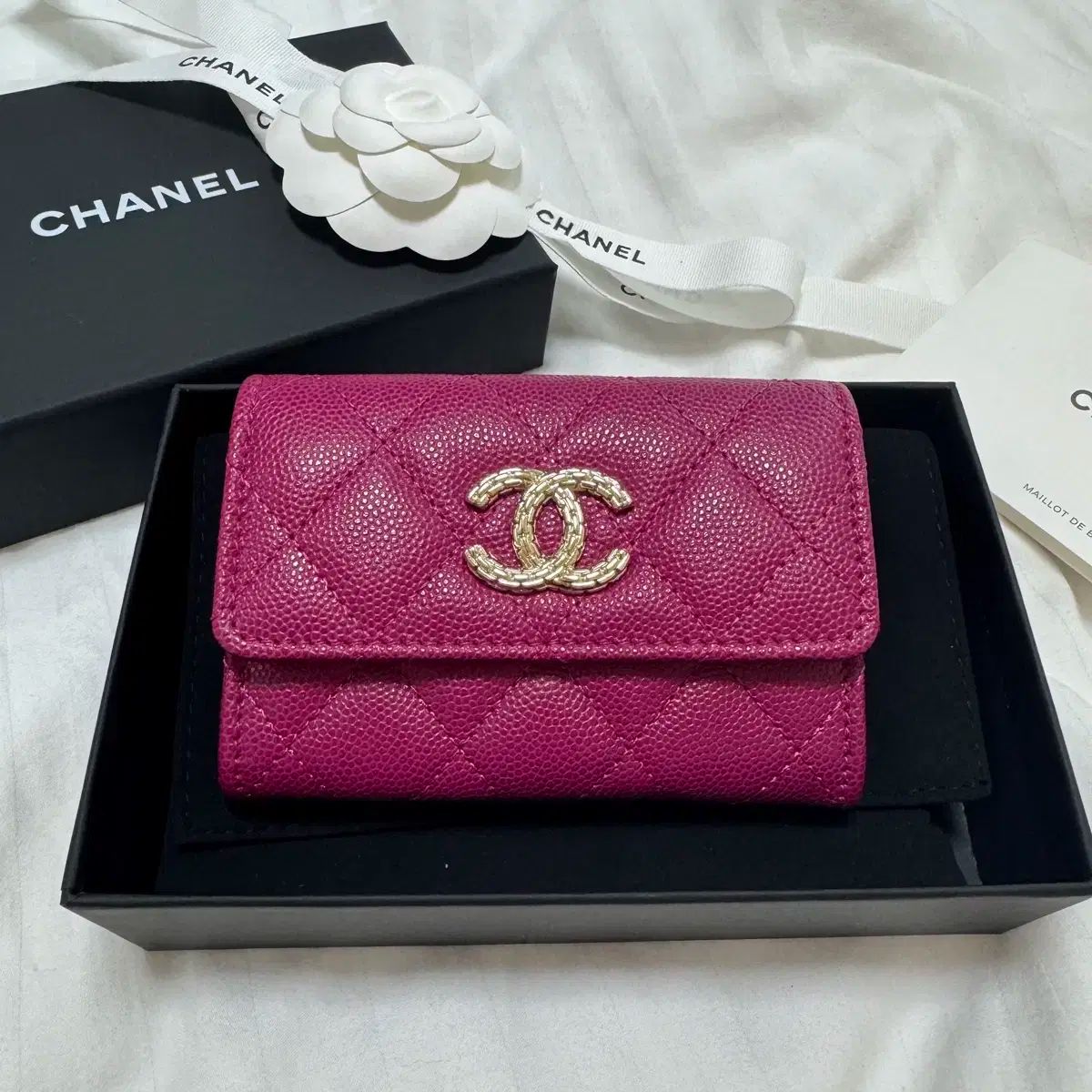 Chanel シャネル キャビア スナップボタン カードウォレット ピンク 内部ジッパー o