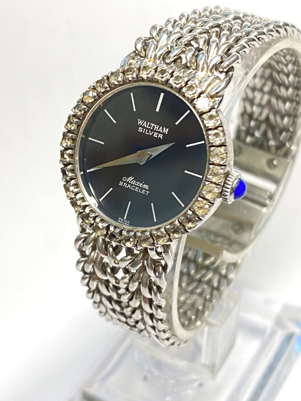 WALTHAM ウォルサム SILVER Maxim マキシムブレスレット 2504020 手巻き 925 稼働品 黒文字盤 レディース腕時計
