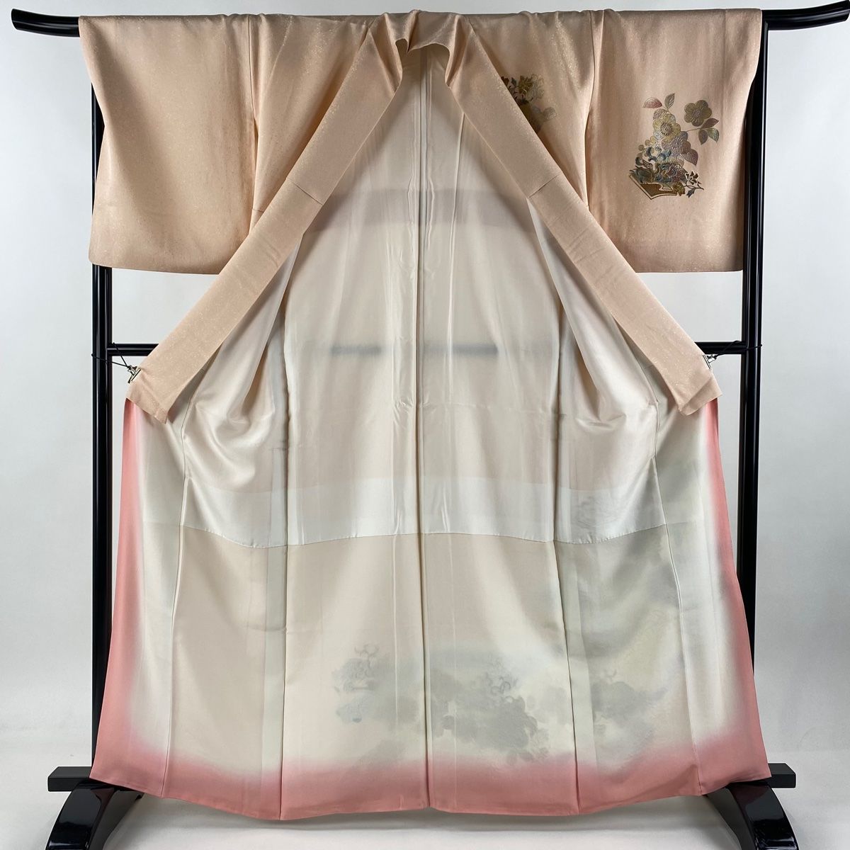 訪問着 身丈163cm 裄丈68cm L 袷 冊子 鳥 金銀彩 ぼかし 薄ピンク 正絹  