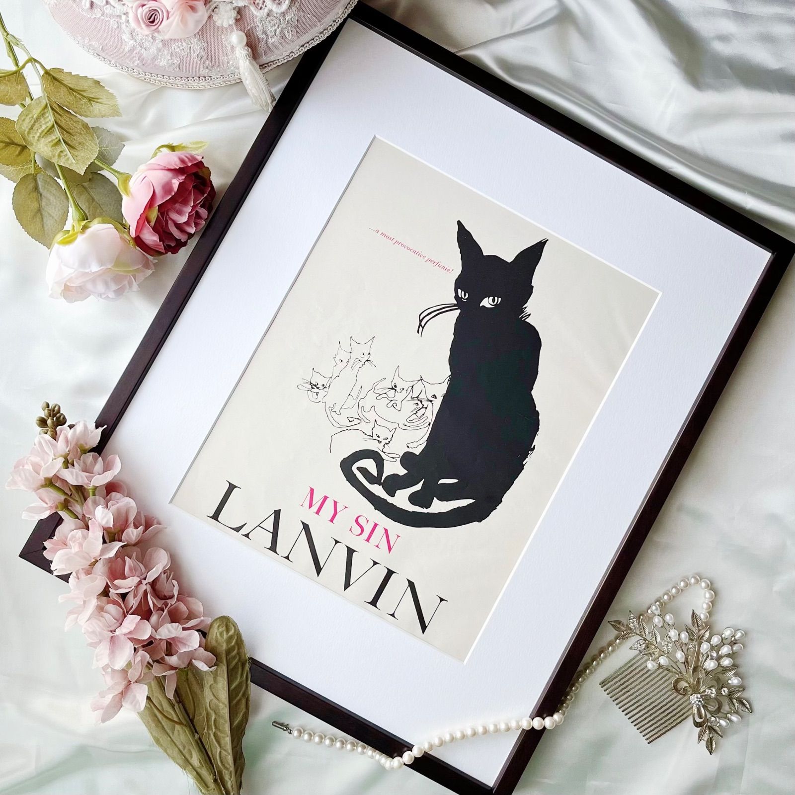 ＜1960 広告＞LANVIN ランバン 黒猫 ポスター ヴィンテージ ビンテージ アートポスター 額縁 フレーム付き インテリア モダン おしゃれ かわいい 壁掛け フランス ポップ レトロ 猫グッズ モノクロ モノトーン イラスト デザイン