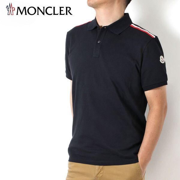 24SS新作 モンクレール MONCLER  メンズ ラインロゴ+ワッペン 鹿の子ポロシャツ【ネイビー】 8A00020 89A16 77X/【2024SS】m-tops