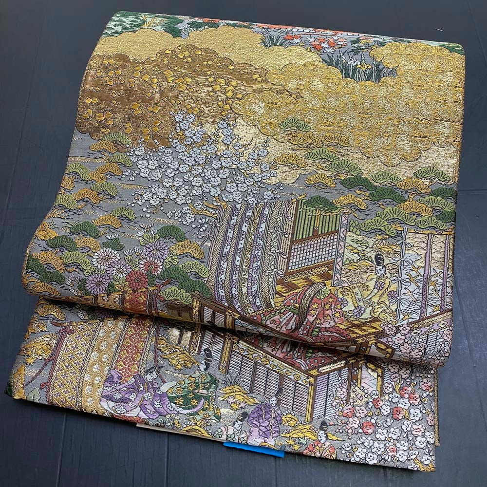 【袋帯】刺繍 金 黒 全通柄袋帯 色無地 訪問着 付け下げ 中古 礼装 正絹 仕立て上がり リサイクル 438cm 2845 袋帯】刺繍 金 黒 全通柄袋帯 色無地 訪問着 付け下げ 中古 礼装 正絹