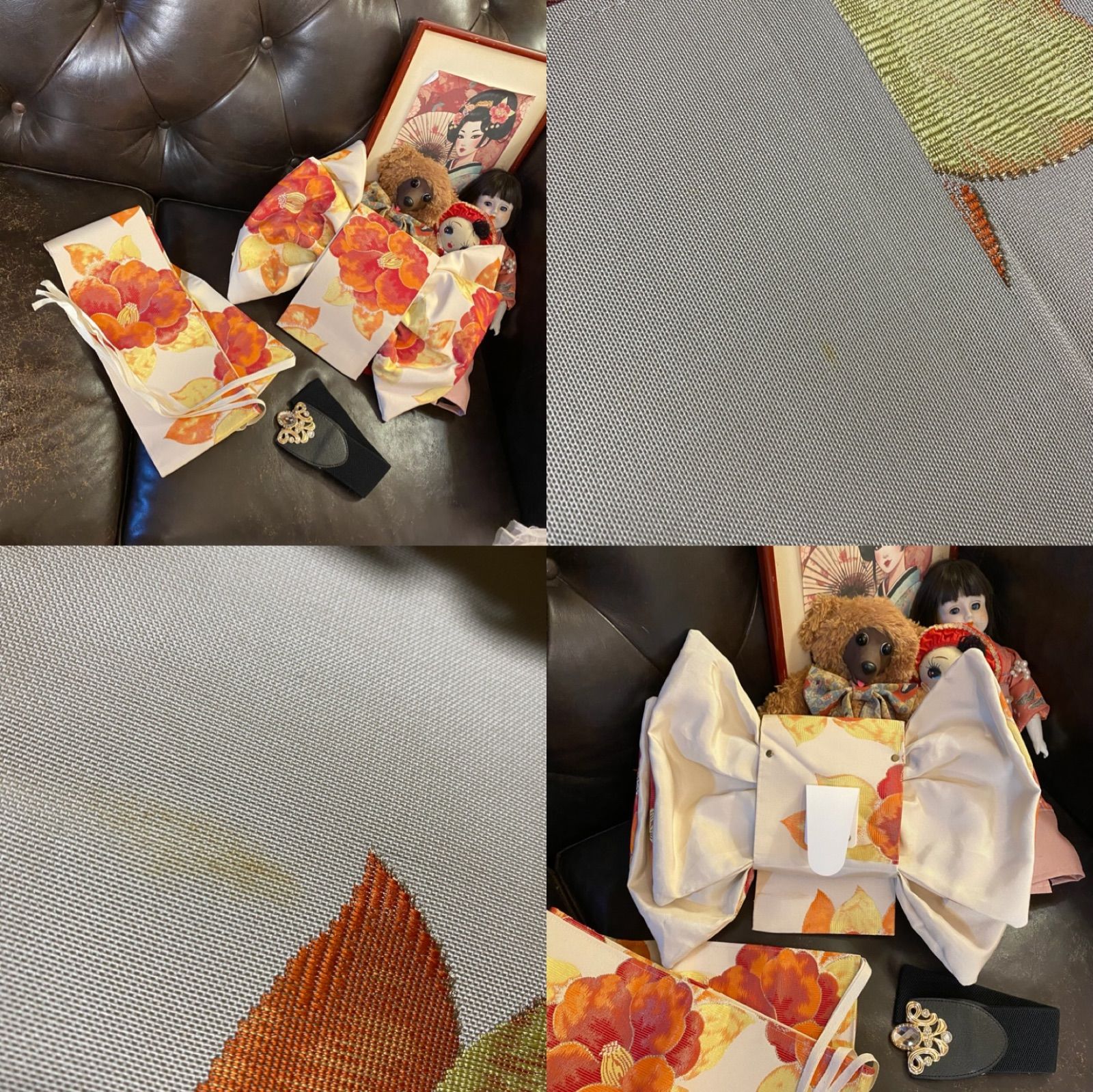 単衣 黒地×金茶の大輪菊＆椿