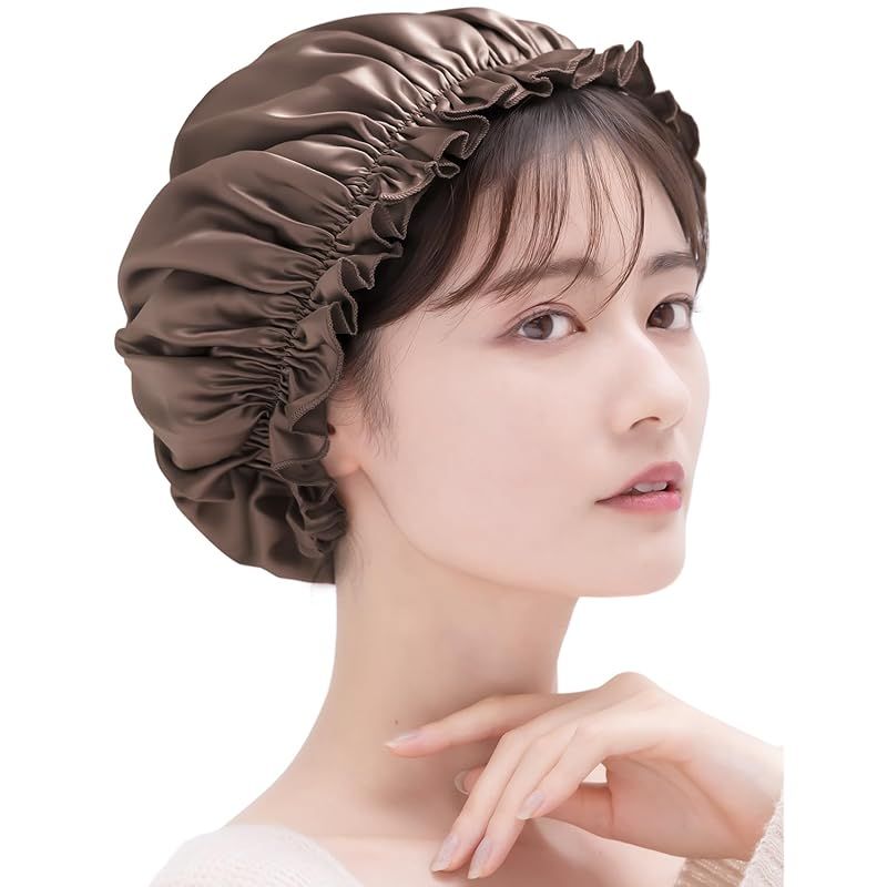 [COCOSILK] シルク ナイトキャップ シルク 天然 シルク100% ヘアキャップ シルクキャップ ロングヘア 就寝用 (M， ブラウン) 0