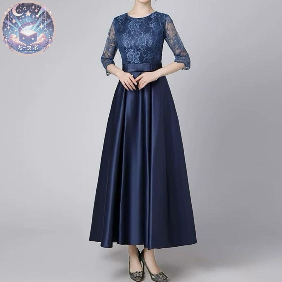 新品未使用 美しい花柄レースにサテンスカートの六分袖 イブニング