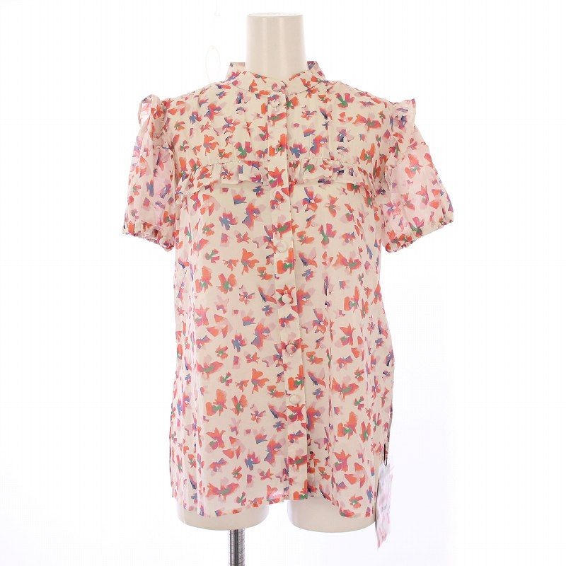 ルネ Rene シャツ ブラウス 半袖 バンドカラー フリル 花柄 34 ピンク  