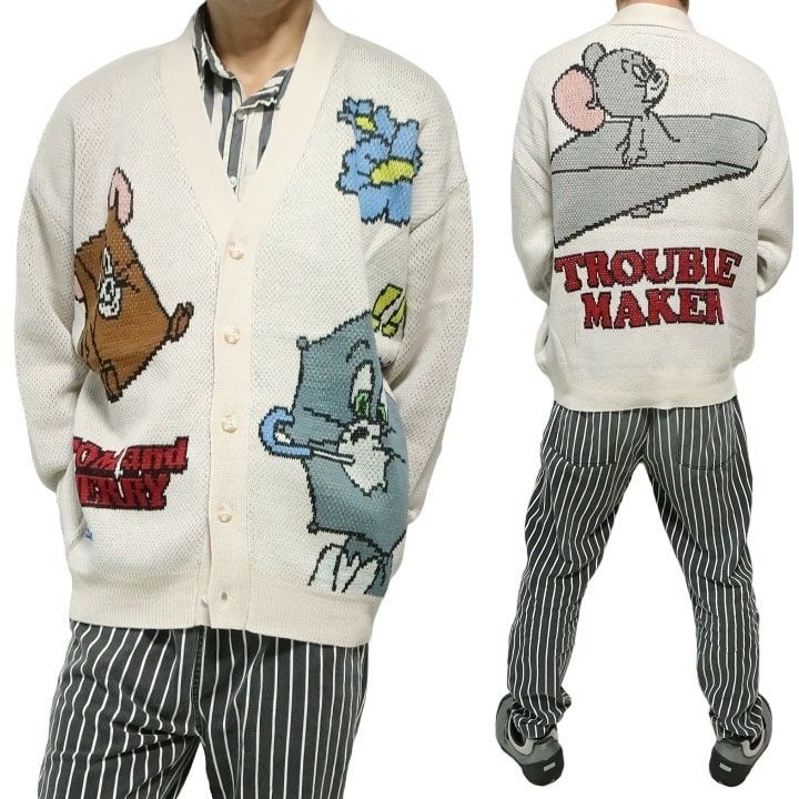 トムとジェリー ニット カーディガン メンズ アニメ オーバーサイズ メンズファッション 長袖/トップス アイボリー/ サイズM/サイズL