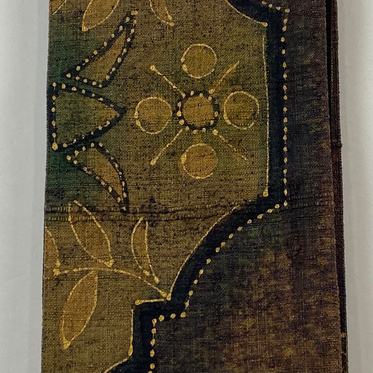 角帯 秀品 紬地 花 幾何学模様 金彩 茶緑色 正絹