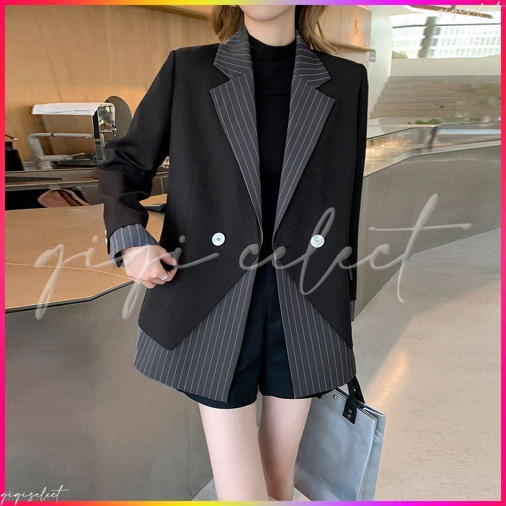 テーラードジャケット レディースアウタースーツジャケット レイヤード風ストライプ柄オフィスカジュアル 切り替えこなれ感 韓国風 羽織り ライトアウター着やせ長袖通勤通学体型カバー レトロジャケット黒 ビジネスシーンOL