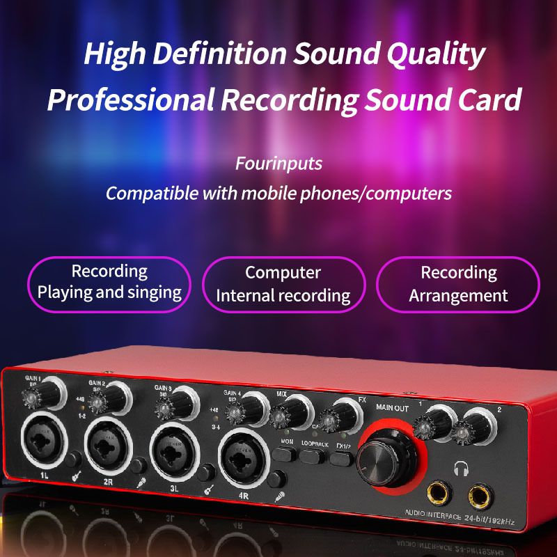 192kHz|24ビット 4チャンネル録音インターフェース プロフェッショナルオーディオグレードマイク付き - 音楽制作 録音に最適 USB電源 PC対応 レッド|ブラック