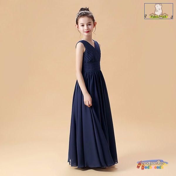 【上品で大人気♪】ピアノ発表会 ドレス 中学生 ワンピース ジュニアドレス 子供ドレス シンプル ネイビー ロング丈 グリーン シフォン お姫様 着やせ 上品 エ 毎日使い