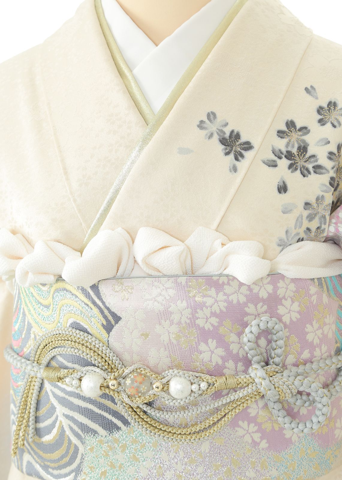 白黒桜 振袖セット7点 正絹 成人式Lサイズ 帯 帯あげ 帯締め Lサイズ クール かっこいい伝統