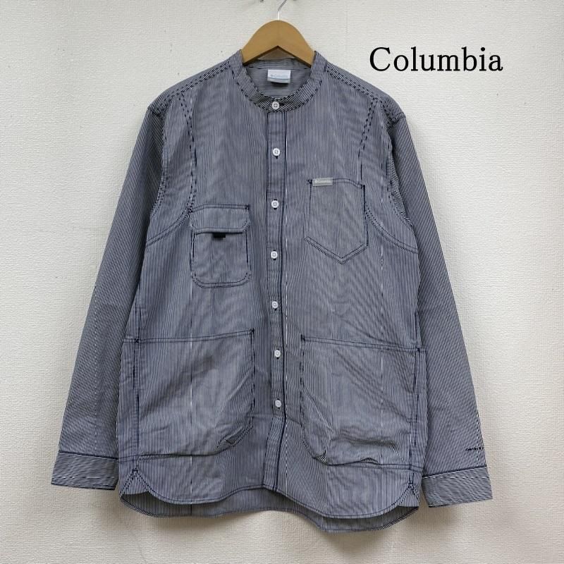 Columbia コロンビア シャツ、ブラウス 長袖 ストライプ柄 ノーカラー 長袖 シャツ 6ポケット 肘当て付き ロゴ 刺繍