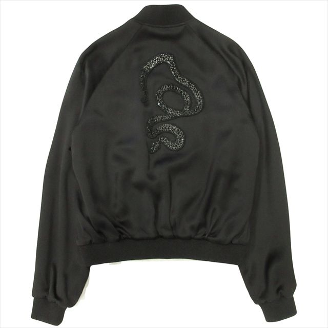 極美品 16aw サンローラン パリ SAINT LAURENT PARIS by Hedi Slimane バック スネーク スタジャン ジャケット ブルゾン スカジャン レーヨン ヘビ 刺繍 ビース ビジュー エディ期 48 黒 ブラック メンズ