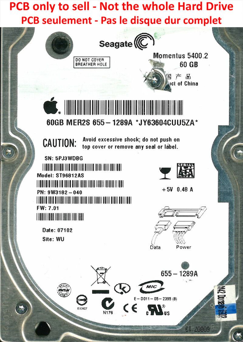 PCB 100349359 REV D - Seagate ST96812AS - 9W3182-040 - FW 7.01 - 5400.2 - 60Go