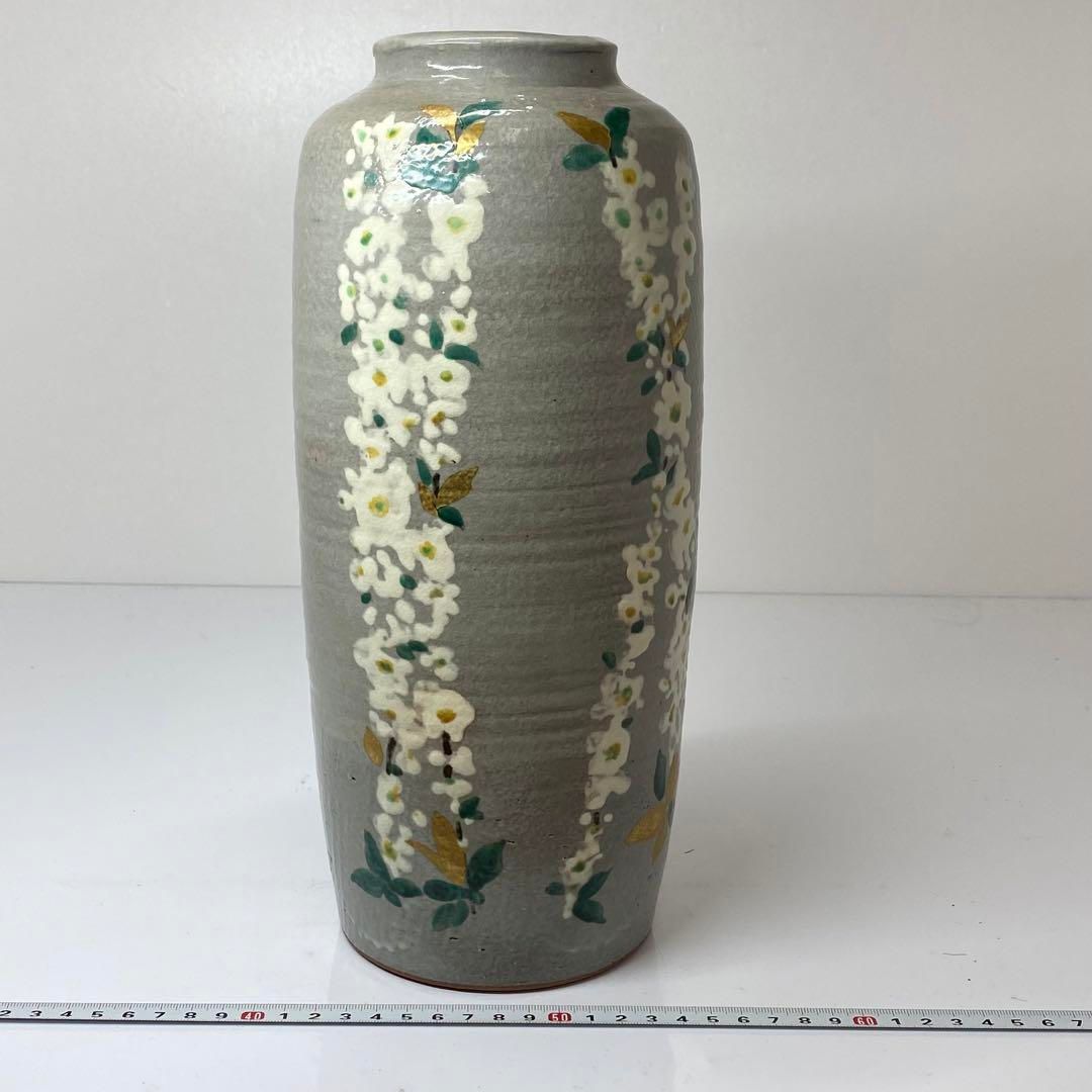 三浦篤造　色絵着彩雪柳図　花入　共箱　タニサ高さ約31.5cm東金6-0309① 三浦篤造 色絵着彩雪柳図 花入 共箱 タニサ高さ約