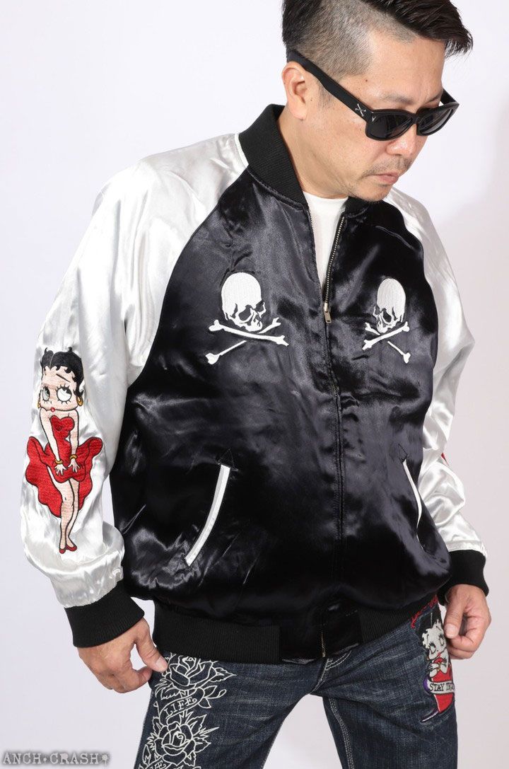 Betty Boop×MASTERMIND WORLD レーヨンスカジャン MW25C15-BL100 マスターマインドワールド ベティブープ ボクシーフィット オーバーサイズ