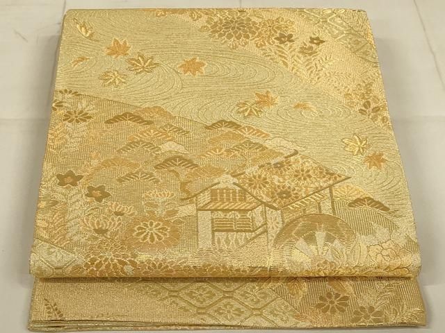 平和屋着物◎六通柄袋帯 風景文 金銀糸 正絹 逸品 未使用