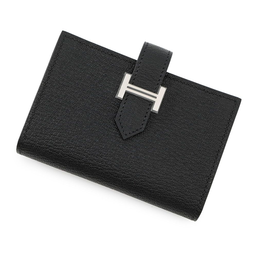 エルメス カードケース ベアン ミニ 小銭入れ付き ブラック|シルバー金具 シェブルミゾル B刻印 HERMES 名刺入れ コインケース 黒