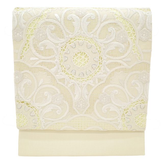 ⑥⑨②相良刺繍 袋帯 新品未使用 太鼓 正絹 袋帯 美品 逸品 華文 鳥 相良刺繍 ベージュ お太鼓柄 正絹 中古