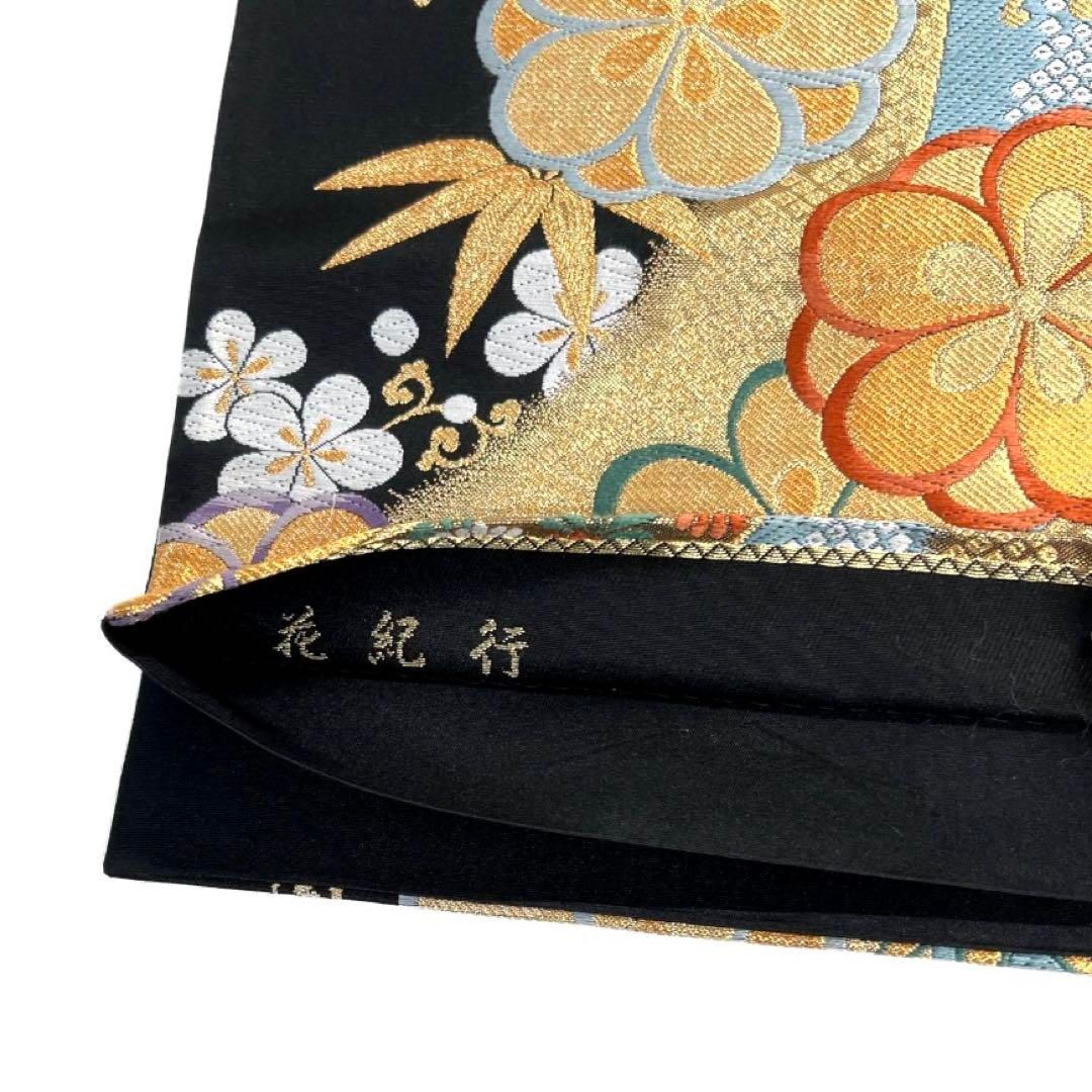 振袖帯　流水　金糸　梅花　竹　菊　鹿の子　黒地　袋帯　着物　041a d 振袖帯 流水 金糸 梅花 竹 菊 鹿の子 黒地 袋帯 着物 041a d