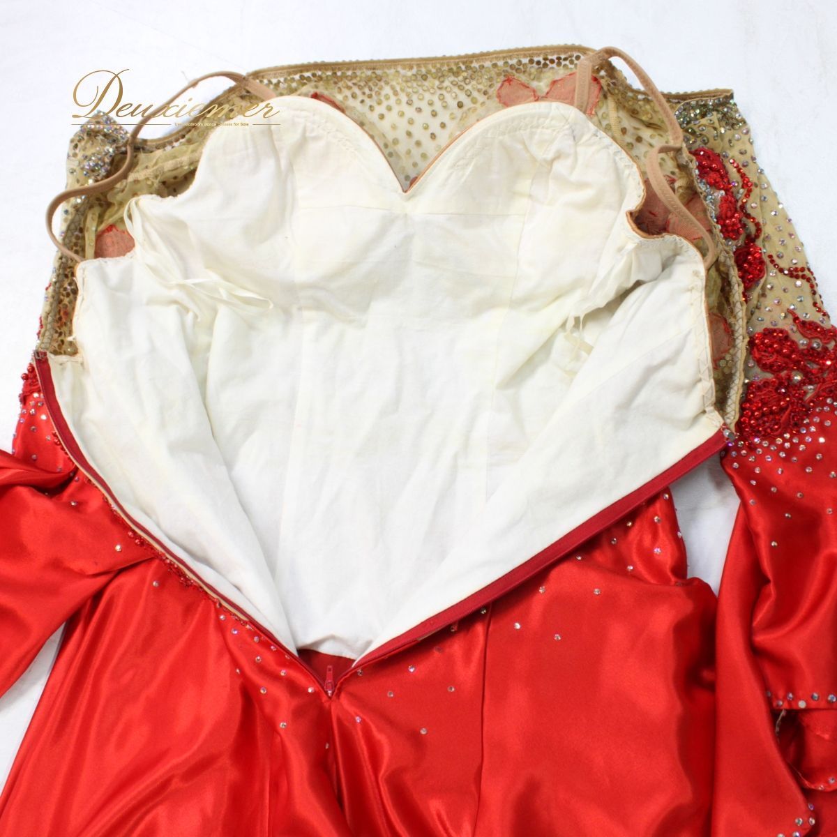 社交ダンス衣装】レッド ワンピース ドレス 赤 レース 光沢 デモ 競技