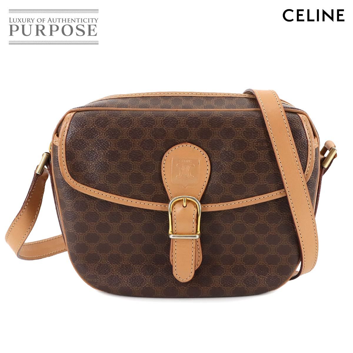 【美品】セリーヌ　ショルダーバッグ　レザー　PVC ゴールド金具　マカダム　濃茶 CELINE - 美品 セリーヌ CELINE マカダム ショルダー バッグ PVC
