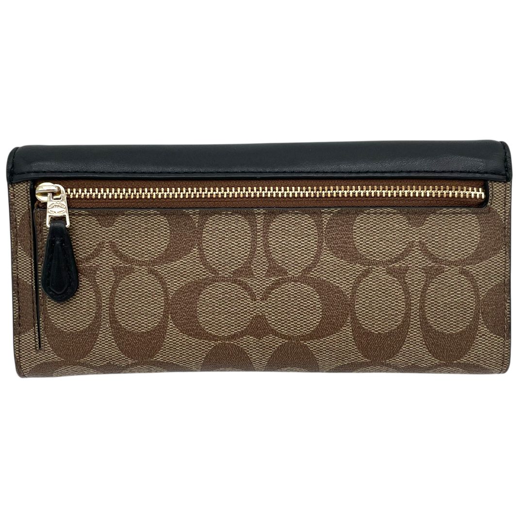 【新品】COACH フラップ長財布 ブラウン レザー　シグネチャー 新品】COACH フラップ長財布 ブラウン レザー×シグネチャー