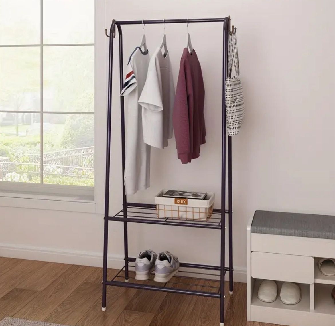 ポールハンガー ハンガーラック シンプルなラック 幅60cm スタイリッシュ 省スペース 収納棚付き 玄関 シンプル 洋服収納 子供服ラック コートハンガー 洋服乾燥ラック 乾燥ラック 洗濯物干しラック 北欧風 一人暮らし 新生活 ホワイト ブラック ブラウン