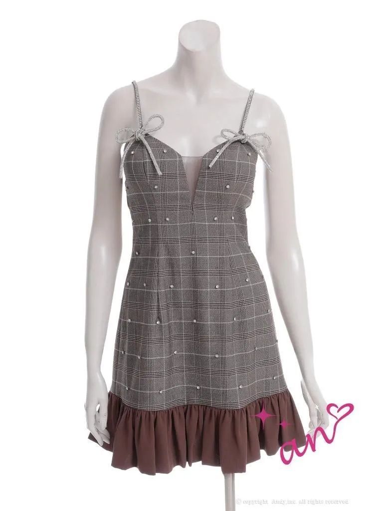 Mブラウン OF05 AOC3994-BR-2510 an アン チェック柄 ビジュー リボン キャミソール バストシアー 裾フリル フ ミニドレス キャバドレス